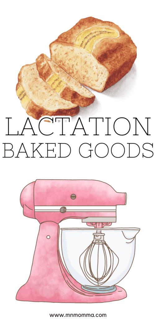 text states "lactation baked goods". image of cut bread and a pink electric mixer