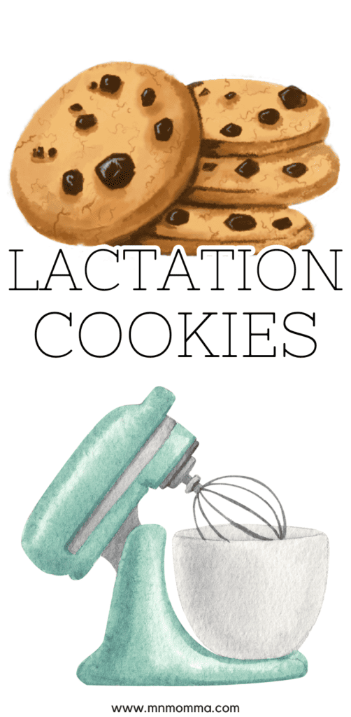 text states "lactation cookies". image of 4 chocolate chip cookies and a teal electric mixer