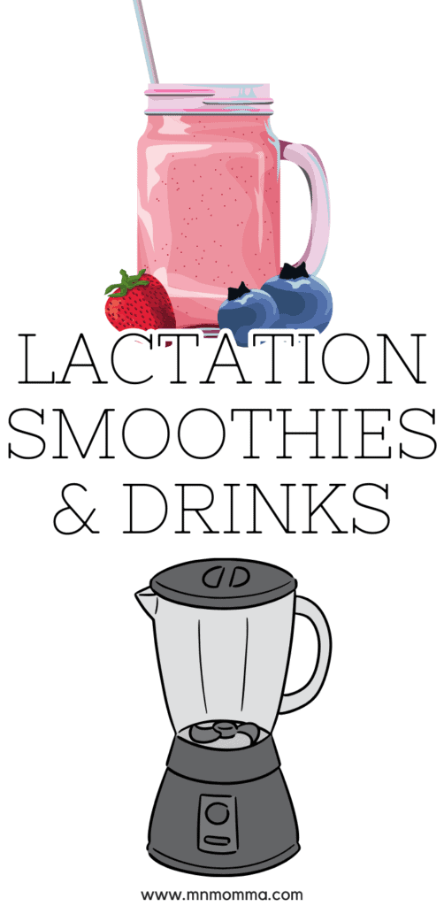 image of pink smoothie with strawberry and blueberry next to it and another image of a blender. text states lactation smoothies and drinks