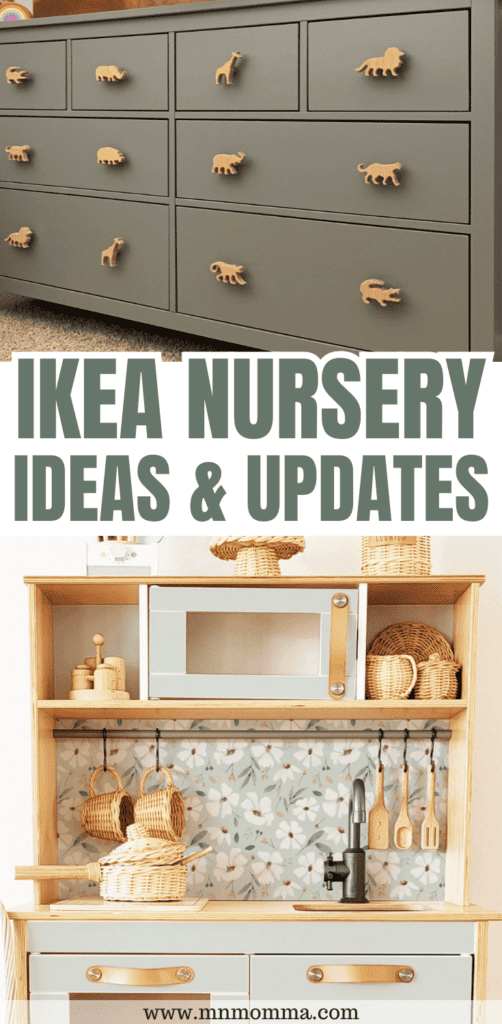 IKEA Nursery Ideas and updates, includes image of nursery dresser with safari animals, and an updated IKEA kitchen with cute sticker background 