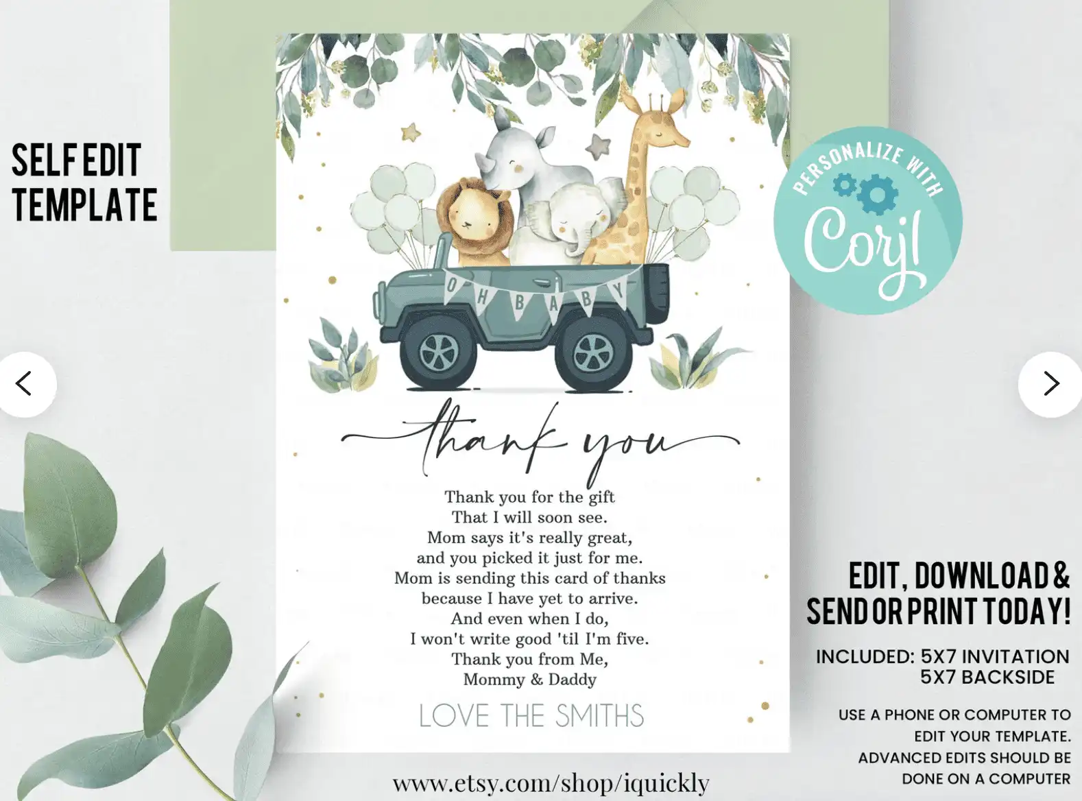 Editable Drive by Safari Thank You Card Pink Shower by Mail - Etsy