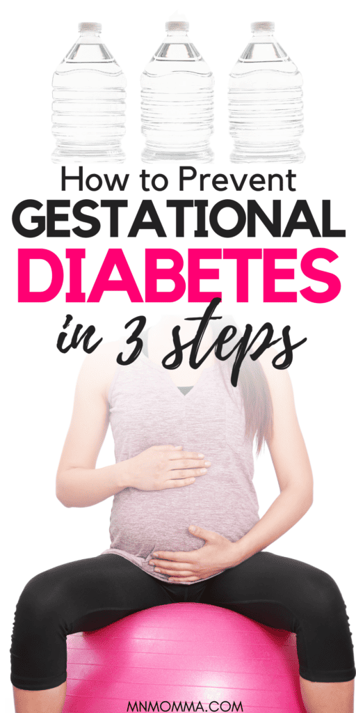 3 tips to prevent gestational diabetes, shows water bottles and image of pregnant woman exercising