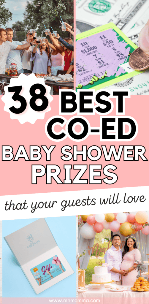 38 best co-ed baby shower prizes with image of friends toasting, lottery ticket, gift card, and couple standing by a cake at baby shower