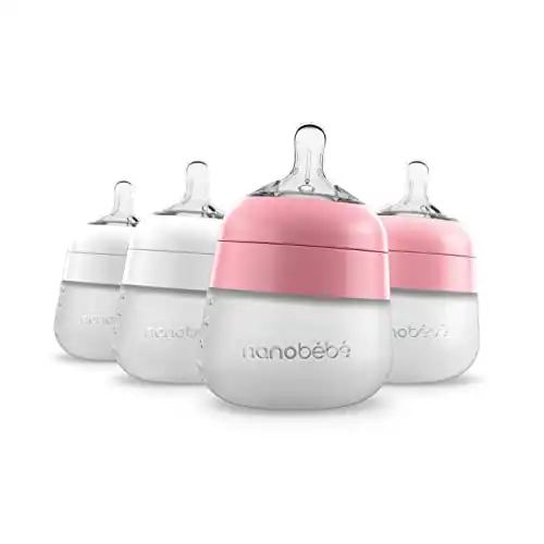 Nanobébé Flexy Silicone Baby Bottle, Anti-Colic, Natural Feel, Non-Collapsing Nipple, Non-Tip Stable Base, Easy to Clean 4-Pack, Pink/White, 5 oz