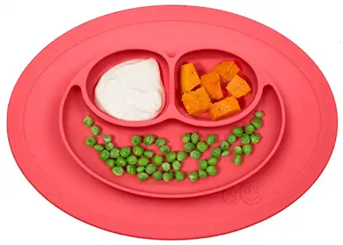 ezpz Mini Mat (Coral) - 100% Silicone Suction Plate with Built-in Placemat for Infants + Toddlers - First Foods + Self-Feeding - Comes with a Reusable Travel Bag (PCMMC004), One Size