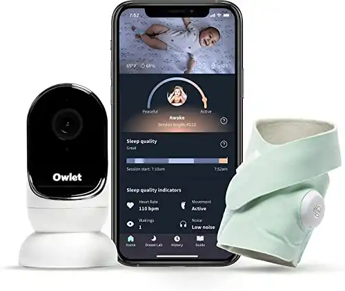 Owlet Dream Duo Smart Baby Monitor - HD Video Baby Monitor with Camera and Dream Sock: Only Baby Monitor to Tracks Heart Rate and Average Oxygen as Sleep Quality Indicators. Sleep Tracking and Prompts