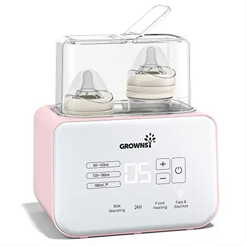 Baby Bottle Warmer, Grownsy 8-in-1 Fast Milk Warmer with Timer Breastmilk or Formula, Fits 2 Bottles, Accurate Temperature Control, with Defrost, Sterili-zing, Keep, Heat Baby Food Jars Function