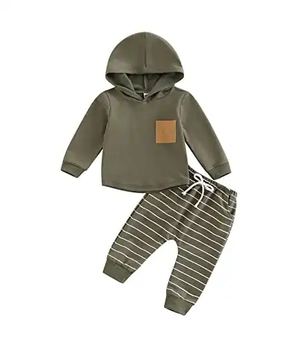 Baby Boys Clothes 3 6 9 12 18 24M 3T Pants Set Hooded Patchwork Hoodie Striped Sweatpants Fall Winter Outfit (Army Green, 0-6 Months)