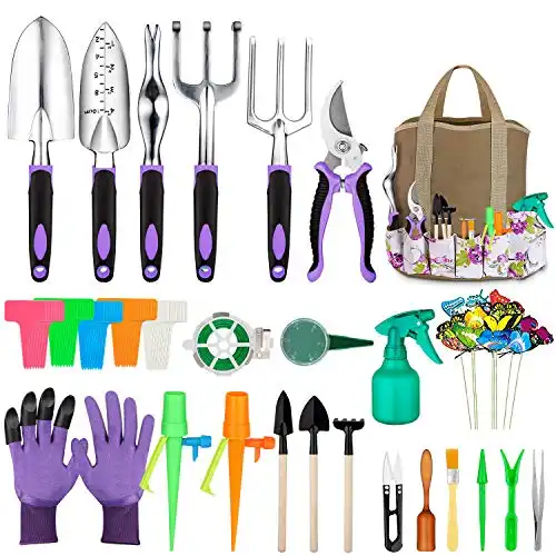 Tudoccy Garden Tools Set 83 Piece, Succulent Tools Set Included, Heavy Duty Aluminum Gardening Tools for Gardening, Non-Slip Ergonomic Handle Tools, Durable Storage Tote Bag, Gifts Tools for Men Women