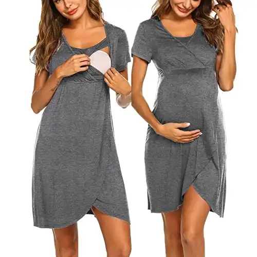 Ekouaer Nursing Gown, Maternity Dress Breasfeeding Sleepwear (Grey, Large)