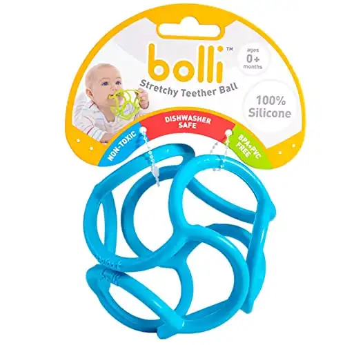 OgoBolli Teething Ring Tactile Sensory Ball Toy for Babies & Kids - Stretchy, Soft Non-Toxic Silicone - Ages 3 Months and up - Blue