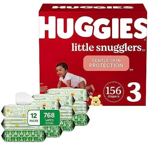 HUGGIES Baby Diapers and Wipes Bundle: Huggies Little Snugglers Size 3, 156ct & Natural Care Sensitive Baby Diaper Wipes, Unscented, 12 Flip-Top Packs (768 Wipes Total) (Packaging May Vary)