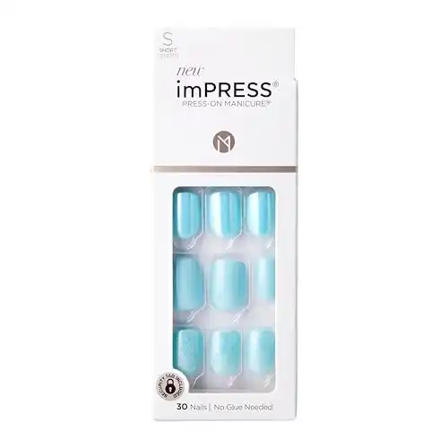 KISS imPRESS No Glue Mani Press On Nails, Design, 'Rain Check', Blue, Short Size, Squoval Shape, Includes 30 Nails, Prep Pad, Instructions Sheet, 1 Manicure Stick, 1 Mini File
