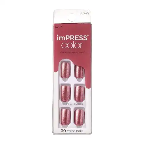imPRESS KISS No Glue Mani Press On Nails, Color, 'Peanut Pink', Pink, Short Size, Squoval Shape, Includes 30 Nails, Prep Pad, Instructions Sheet, 1 Manicure Stick, 1 Mini File
