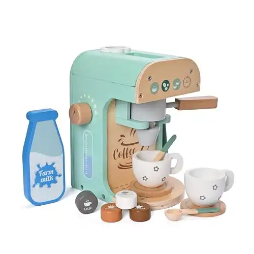 MONT PLEASANT Wooden Toys Kitchen Kids Coffee Maker Playset, Toy Coffee Maker for Kids Toddler Pretend Play Kitchen Accessories Wooden Play Toys Gift for Girls & Boys