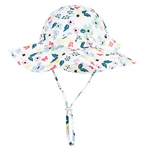 Baby Girl Sun Hat with UPF 50+ Outdoor Adjustable Beach Hat with Wide Brim Bucket Hats (12-24 Months, Pink-Blue Printing)